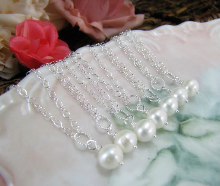 Bridesmaids Necklaces Solitaire Pearl Necklaces White Round Freshwater Pearl Jewelry Sterling Silver