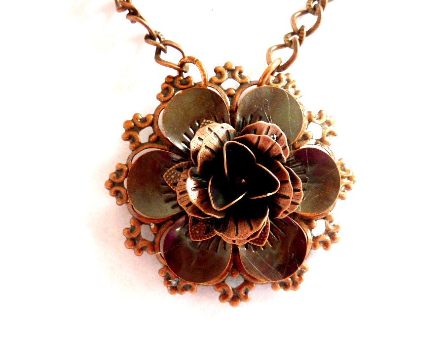 Copper Rose Pendant Necklace, Brown Flower Necklace, Copper Flower Pendant Necklace, Statement Pendant