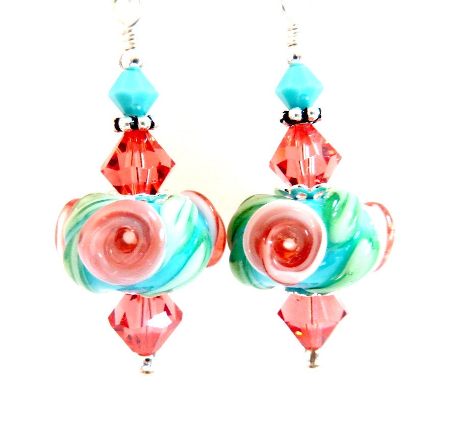 Turquoise Foral Earrings, Peach Aqua Salmon Glass Beaded Flower Earrings, Floral Handmade Lampwork Earrings, Gift for Her