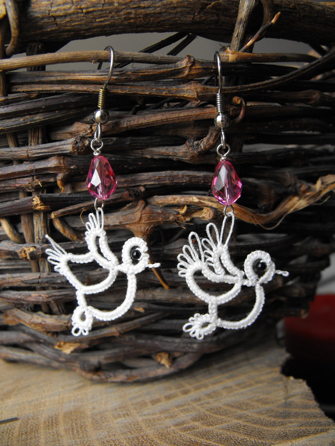 Needle Tatted Lace DOVE Earrings with pink Swarovski crystals Perfect gift for Mother's Day or Bird Lovers