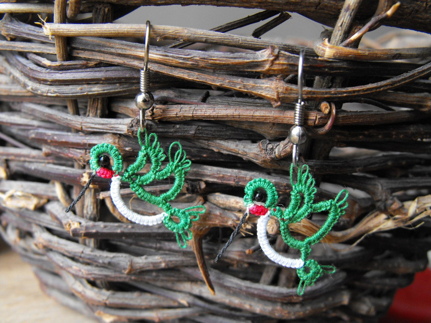 Needle Tatted Lace RUBY THROATED HUMMINGBIRD Earrings Perfect gift for Mother's Day or Bird Lovers Maid to Order