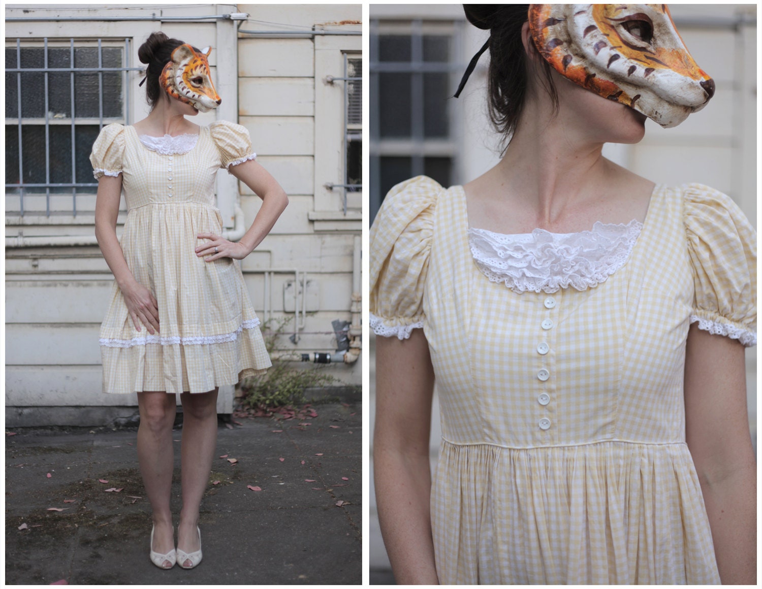 Vintage 50's Yellow and White Gingham Day Dress with Lace Ruffle Bodice - sz XS