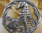 Silver Ox Plated Large Seahorse and Fish stamping Pendant 2130SOX  x1