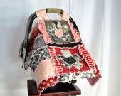 CARSEAT Cover, Nursing Cover, Rag Quilt, Baby Blanket, Pink, black, gray, Applique Flower, 3 in 1, Ready to Ship