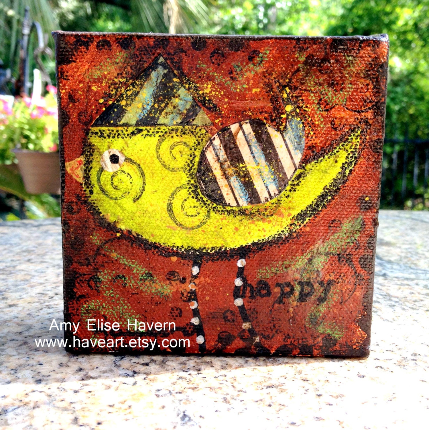Happy Little Lime Bird original painting 4x4