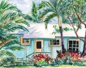 Tropical Vacation Cottage Watercolor Painting Original Aqua Turquoise from Kauai Hawaii
