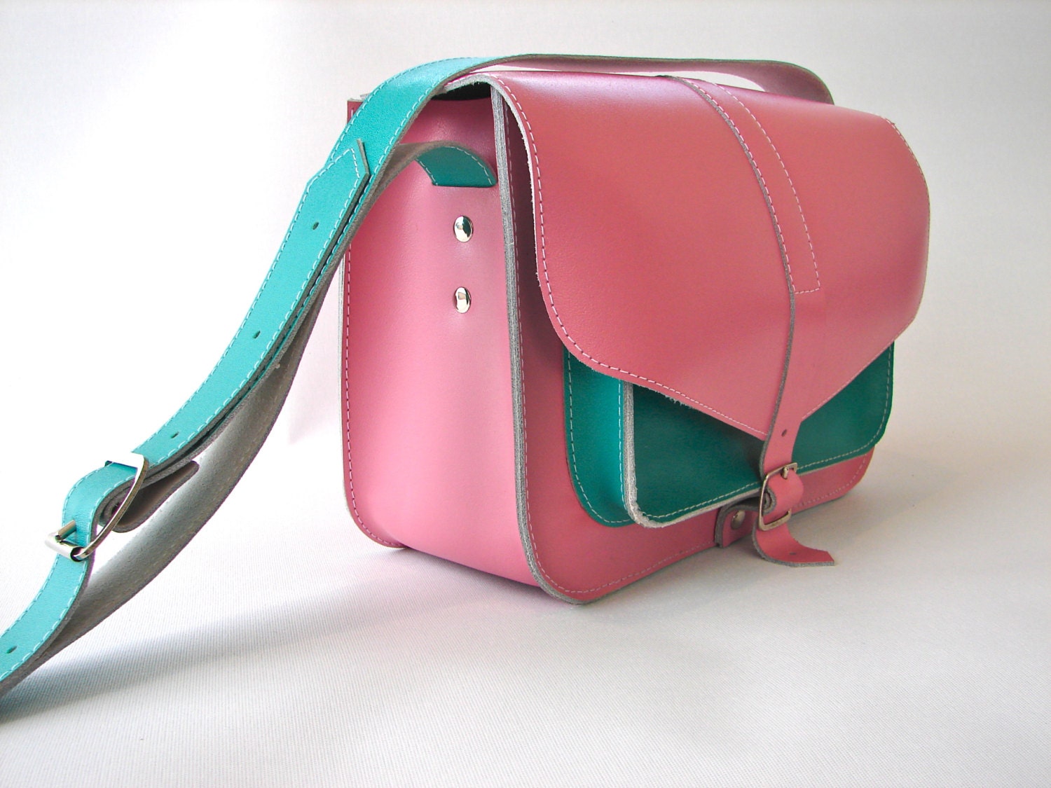 Pink and Aqua Vintage Leather Satchel - Limited Edition