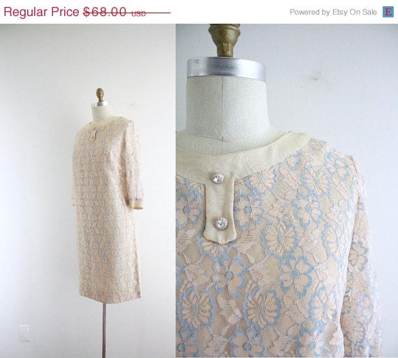 50% off Shop Closing Sale Vintage 60s Nude Lace Shift Dress . Blue . Cream . Large . 1960s