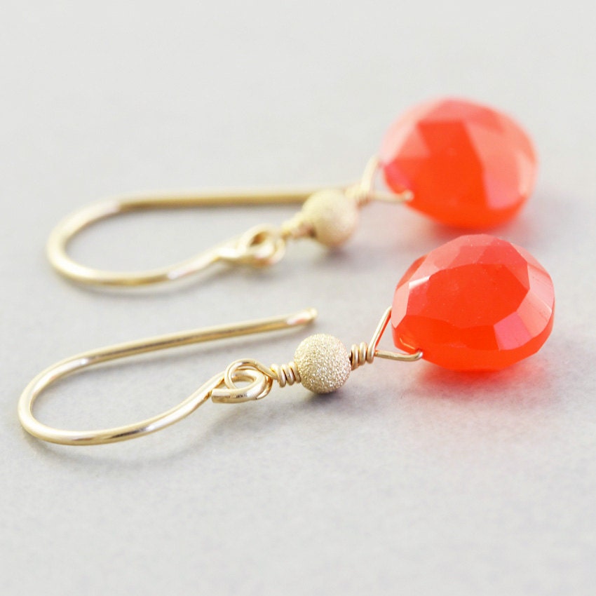 Orange Chalcedony Earrings, Gold Neon Earrings, Bright Orange Earrings
