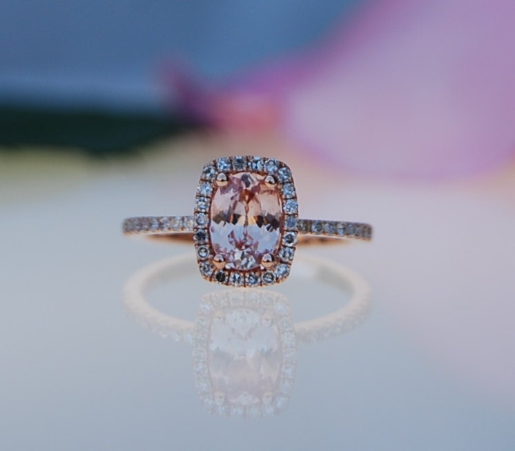 1ct rectangular Cushion peach champagne sapphire in 14k rose gold diamond ring