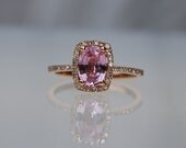 1.4ct Cushion raspberry peach champagne sapphire 14k rose gold diamond ring