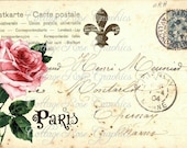 Large digital download Pink Roses in Paris VIntage Postcard collage French Cottage BUY 3 get ne FREE single image