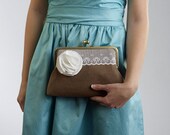 1 RUSTIC WEDDING Clutch with White Flower Brooch- Bridesmaids Gifts- Bridal Purse- Wedding Clutches
