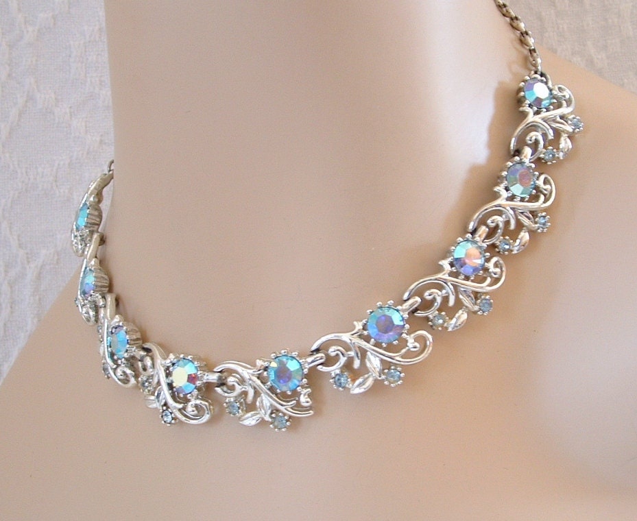 Vintage Coro AB Blue Rhinestone Necklace - Bridal - Prom