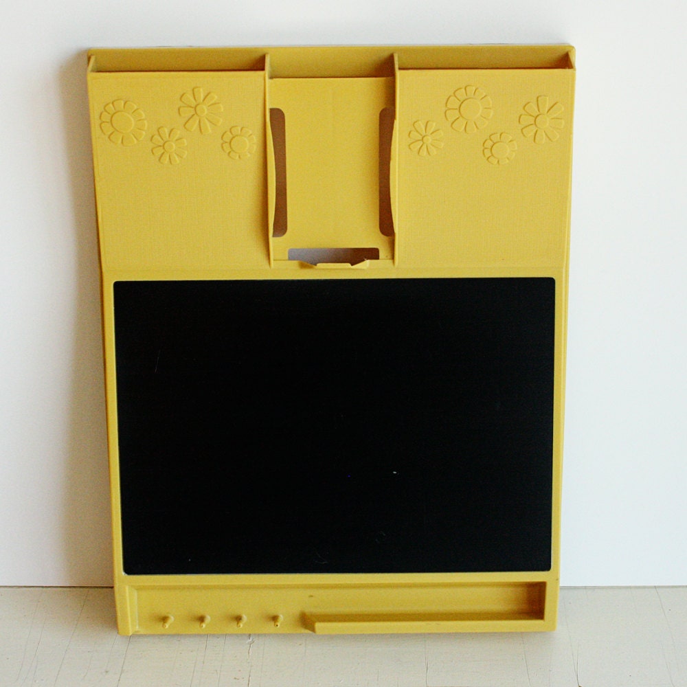 Vintage chalkboard - chalk board - note board - mail holder - key holder - Rubbermaid - mustard yellow