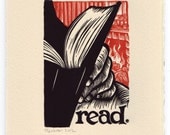 read. A 7.5"x10" block print meditation on the pleasure of reading.