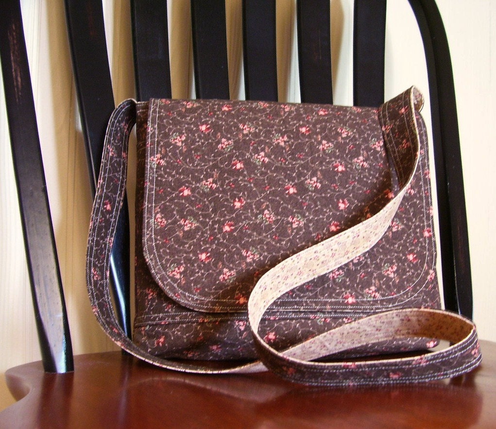 Reversible Cross Body Messenger Bag- Pink Brown Floral with Matching Key Fob