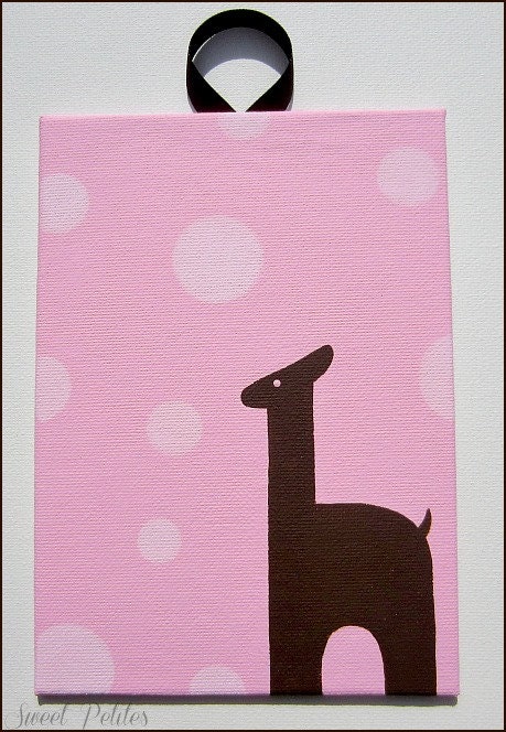 5x7 Canvas Board - Hand Painted - Nursery Decor - Giraffe - Polka Dots - Pink - Brown