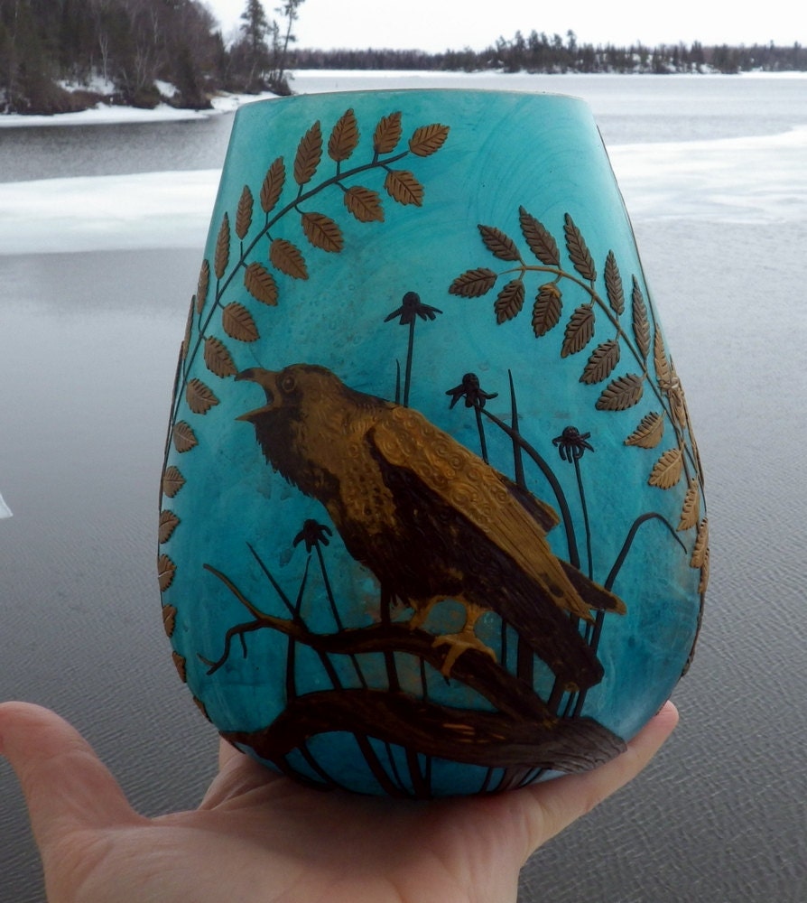 Lost Raven in Bronze and Copper on a Recycled Turquoise Art Glass Vase
