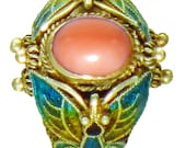 Vintage Chinese Enamel Butterfly & Angelskin Coral Ring