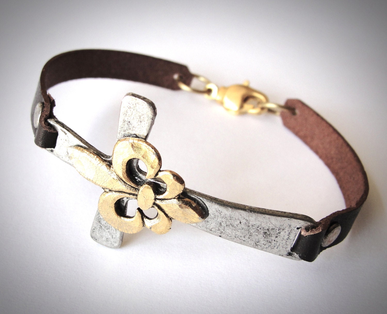 NEW - Sideways Cross and Fleur de Lis on Leather bracelet