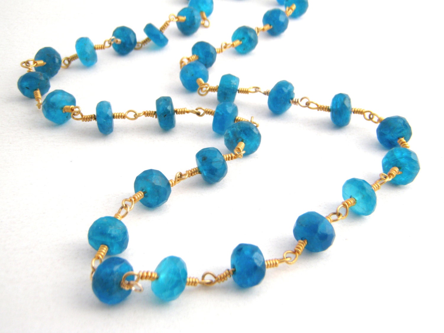 Blue Neon Apatite Necklace - Rosary Necklace - Neon Blue - Gold - Ocean Blue
