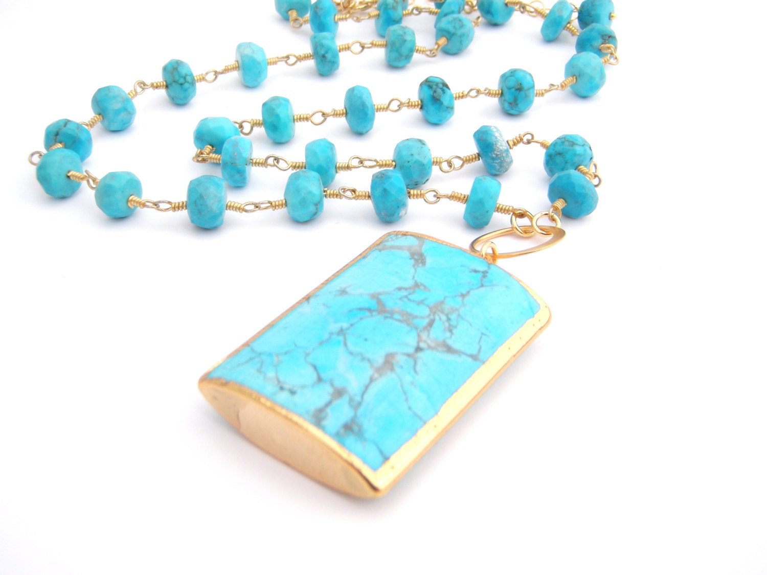 Turquoise Necklace With Magnesite Pendant - Rosary Style - Turquoise Blue - Gold - Southwestern