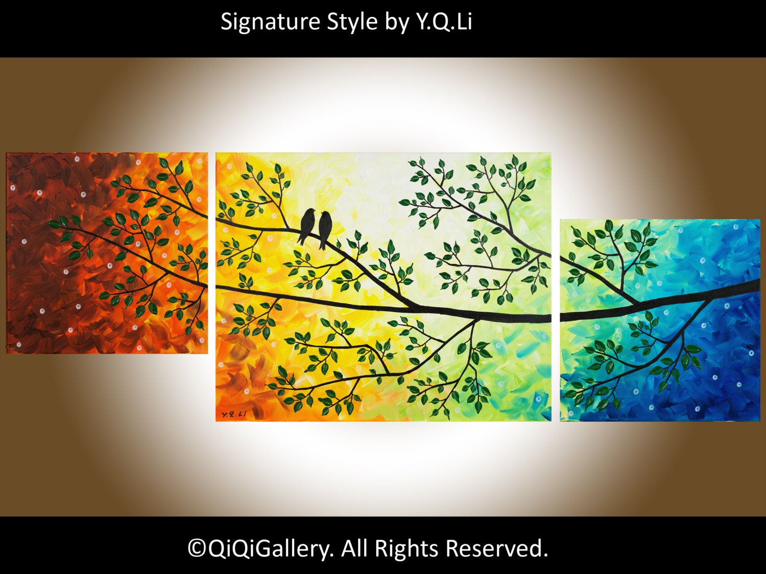 Abstract Landscape Painting Original Modern Heavy Texture Impasto Palette Knife Tree Wall Décor "Sunset and Love Birds III"