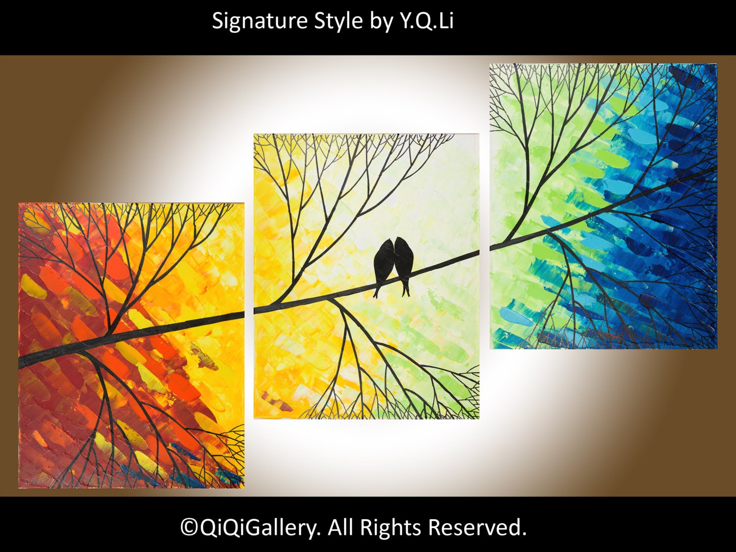 48" Original  large Abstract Painting Landscape Painting Heavy Texture Impasto Tree Birds Painting Wall Decor "Beautiful Day" by QIQIGALLERY