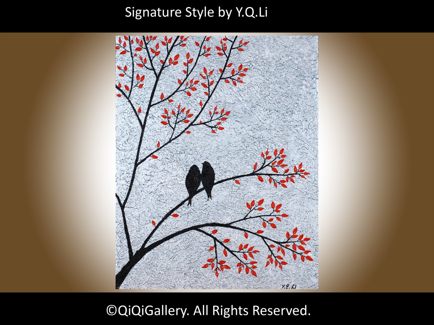 Original Birds Painting Heavy Textured Palette Knife Metallic Silver Acrylic painting "Never Alone" By QiQiGallery