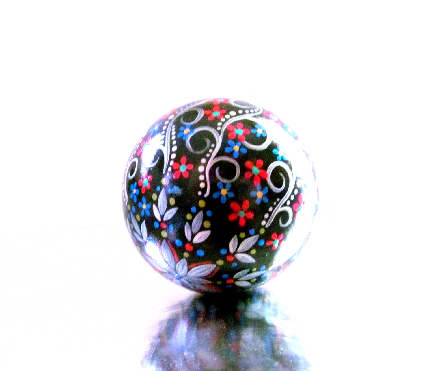 Black with Blue & Red Flowers Small Ornament Hand painted