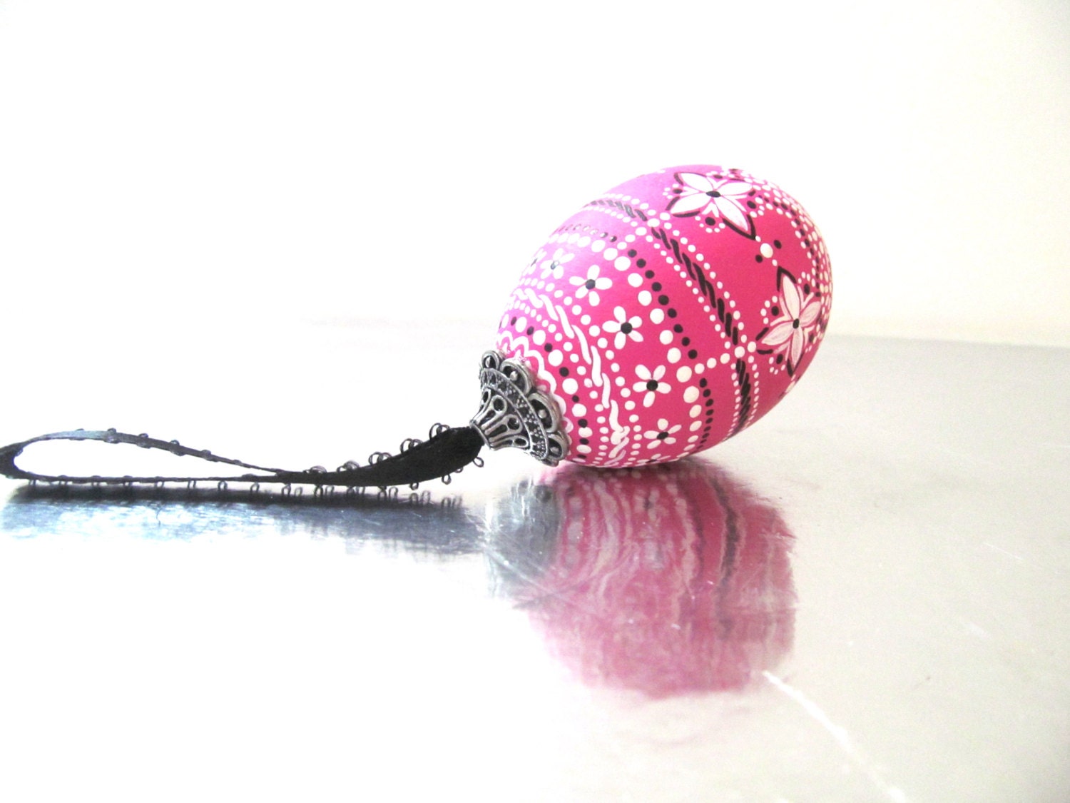 Decorated Egg: Hand Painted Real Egg Ornament Pink White and Black Decorated Egg