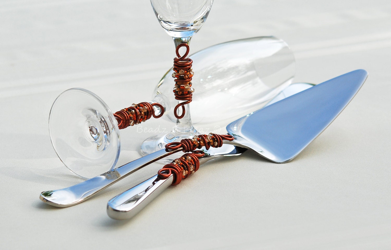 AUTUMN Beaded Wedding Cake Server Knife Set And Flutes SWAROVSKI Crystal, Glass And Pearls Cognac SWIRLS Copper Gold Orange Rust And Brown