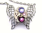 Steampunk Necklace - Beautiful Purple Amethyst Swarovski Crystal Clockwork Butterfly PROMPTLY SHIPPED - Steampunk Jewelry London Particulars