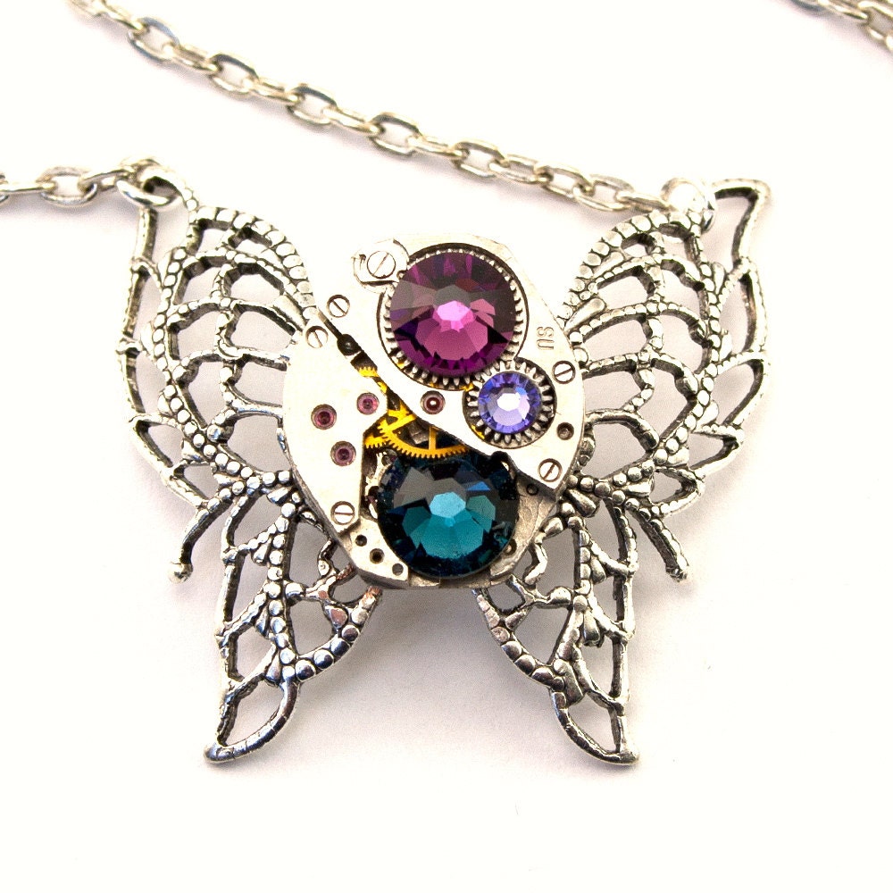 Steampunk Necklace - Beautiful Purple Amethyst & Montana Blue Swarovski Crystal Clockwork Butterfly PROMPTLY SHIPPED - Steampunk Jewelry
