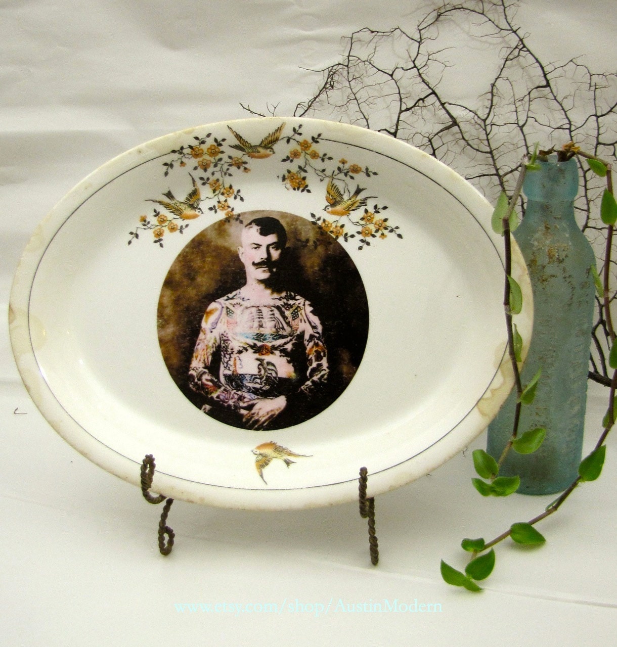 Altered Vintage Plate Tattooed Man Sailor Sparrows 1920s Wall Platter