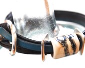 Blue and Black 5mm Flat Leather, SRA Organic Lampwork and Silver Metal Bracelet