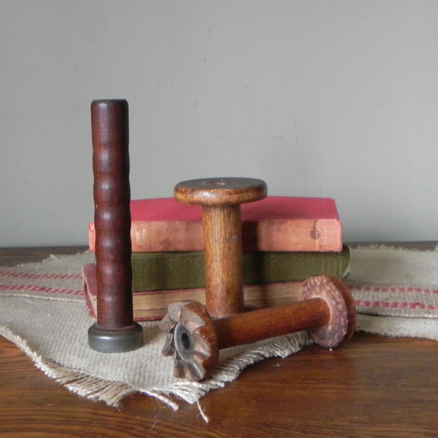 Trio vintage industrial textile spools - wood sculpture sculptural quality great patina - three bobbins