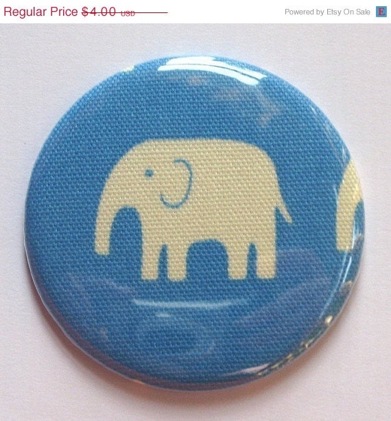 40% OFF sale Pocket mirror elephant on blue fabric covered pocket mirror