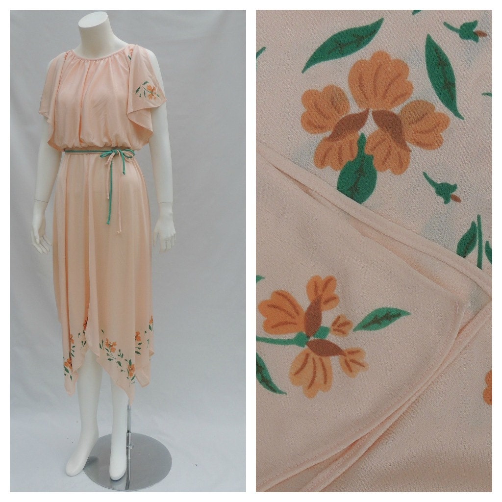 Vtg 70s Peach Floral Hanky Hem Split Sleeve Disco Era Flutter Dress sz s