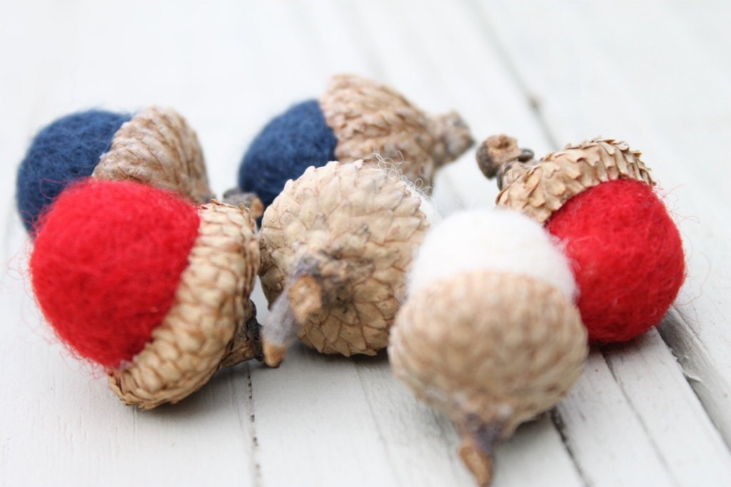 Wool Felted Acorns in Red, White & Blue Americana Home Decor Neutral Eco Friendly