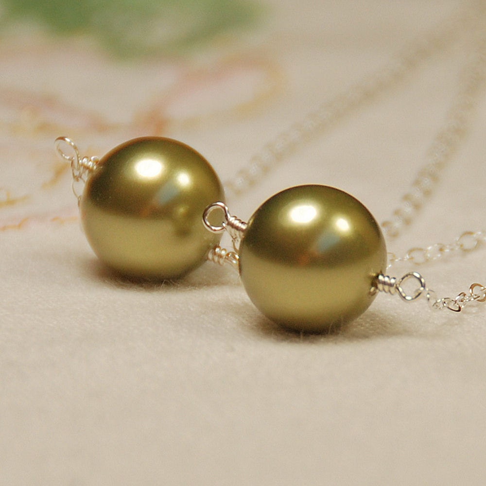 SET OF TWO - Green Pearl Necklaces, Bridesmaids Necklaces, Wedding Jewelry, Swarovski Single Pearl - The Lg Pearl Solitaire Necklace