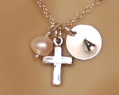 Initial Charm, Cross, Pearl Necklace - Flower Girl Necklace, First Communion, Child Necklace, Personalized Tiny Faith Necklace
