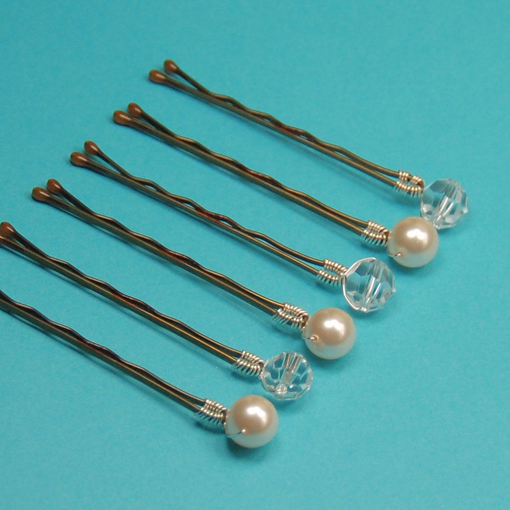 Pearl Bobby Pins, Crystal Bobby Pins - Mixed Set, Swarovski 8 mm Ivory Pearls & Clear Crystals on Bronze Bobby Pins, Set of 6