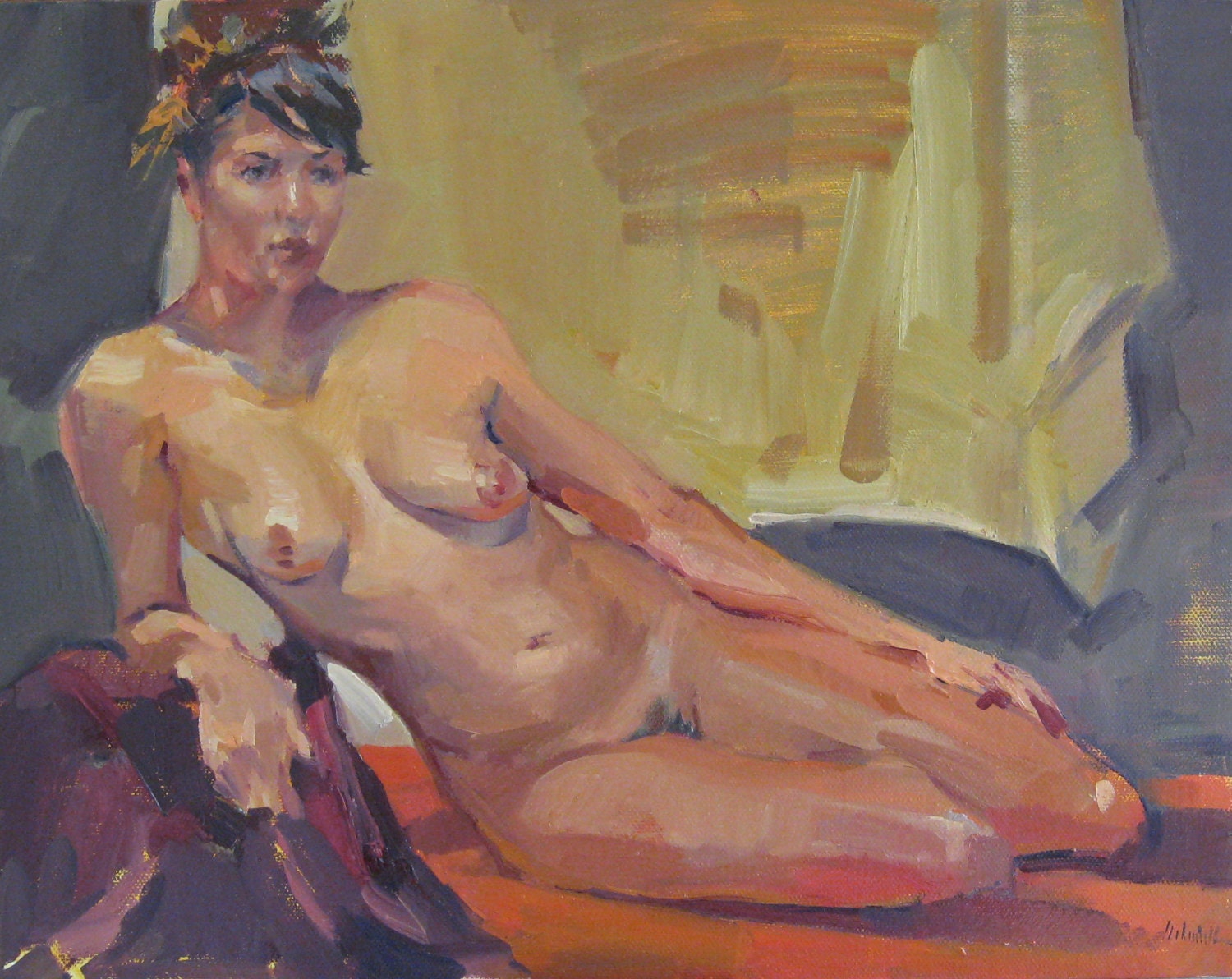 Figure painting nude woman Figurative Art "Leaning on Her Elbow" Original oil painting by Sarah Sedwick 11x14in