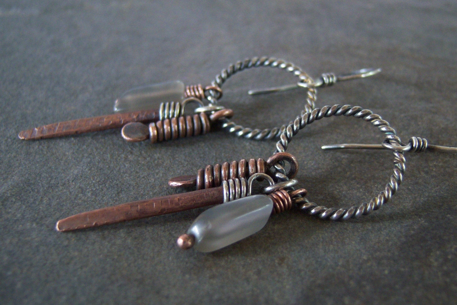 Sale-Copper Sterling Moonstone Gemstone Rustic Dangle Hoop Earrings-Artisan Handmade Earrings.