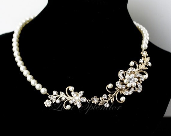 Gold Pearl Necklace Wedding Jewelry Vintage Flowers Leaves Rhinestone Bridal Necklace SABINE GARDEN