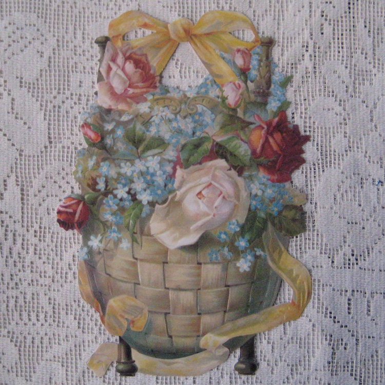 Germany Large Single Lithographed Die Cut Paper Scrap Victorian Rose Bouquet Basket