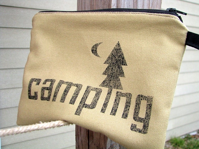 Camping graphic zipper pouch.  Gear bag.  Under twenty.  Gift for a guy.  READY to SHIP