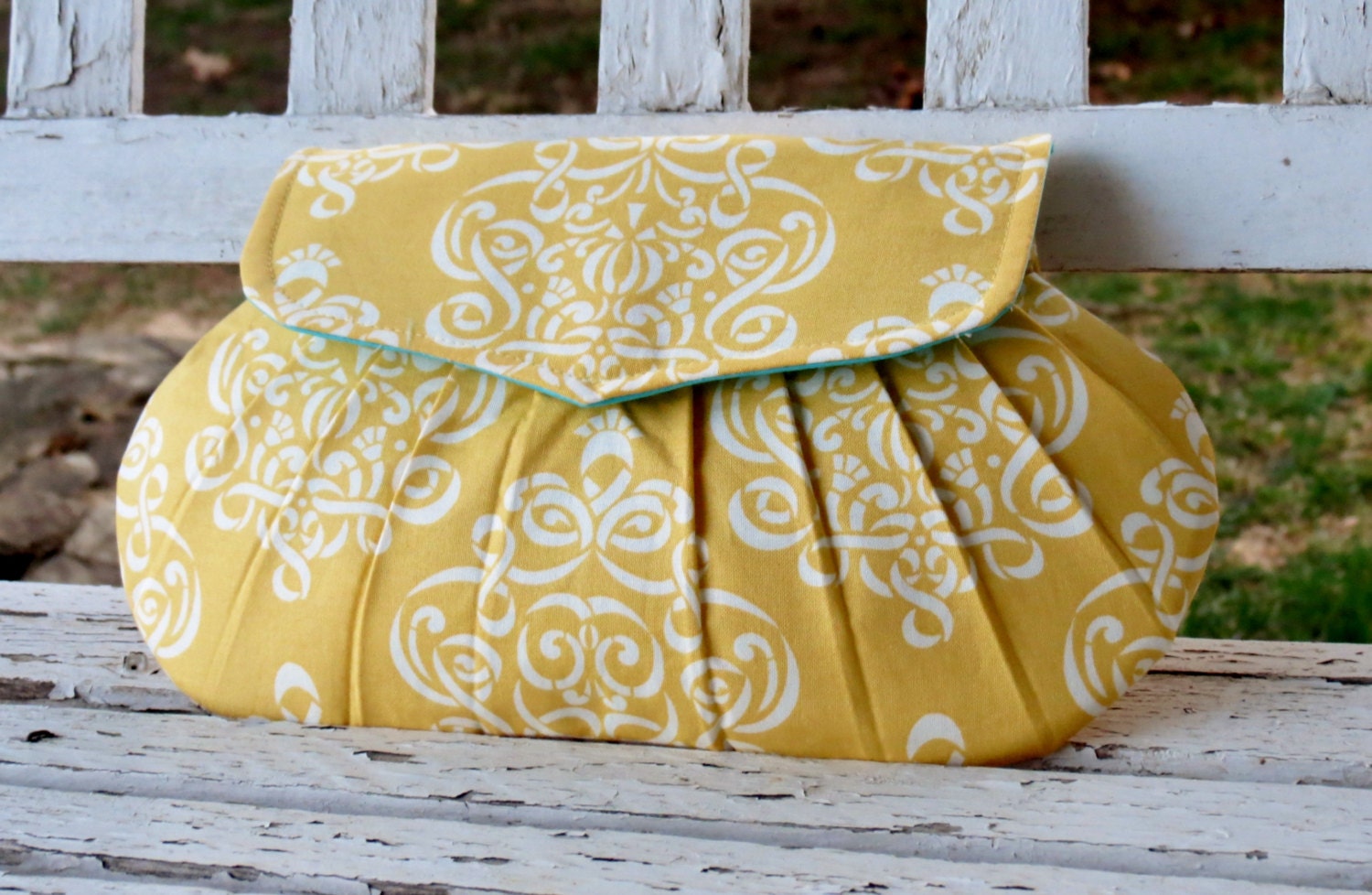 Yellow Damask Clutch, Cute Bridesmaids Gift, Small Handbag, Bridal Accessory